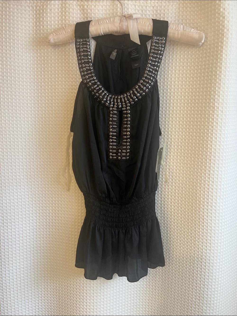 Bisou Bisou Black Embellished Halter Tank-626-025
